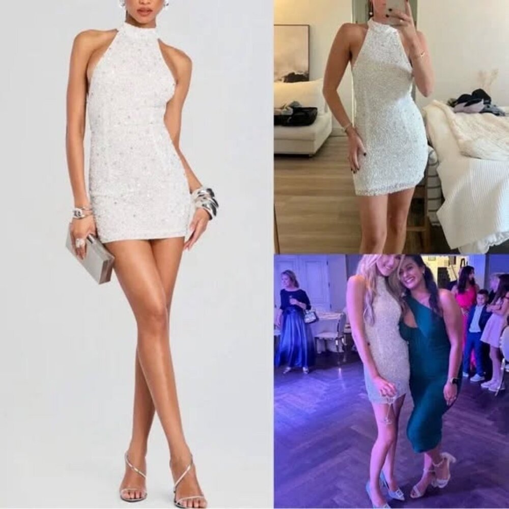 NEW Retrofete Olivia Sequin Mini Dress White Halter Beaded Crystal Medium NWT